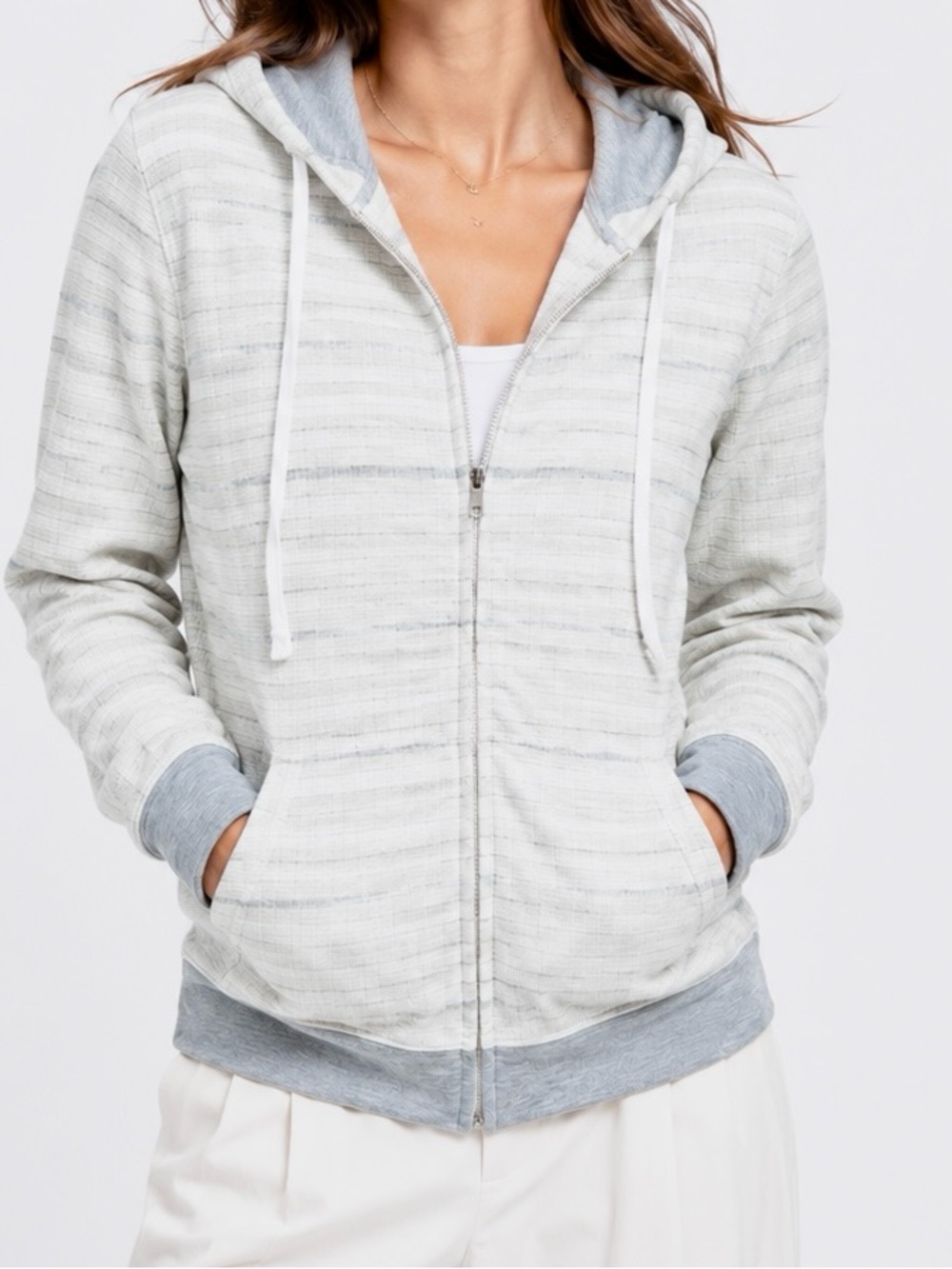 DANIEL BUCHLER Lightweight Off-White & Light Gray Zip-Up Hoodie Sweatshirt